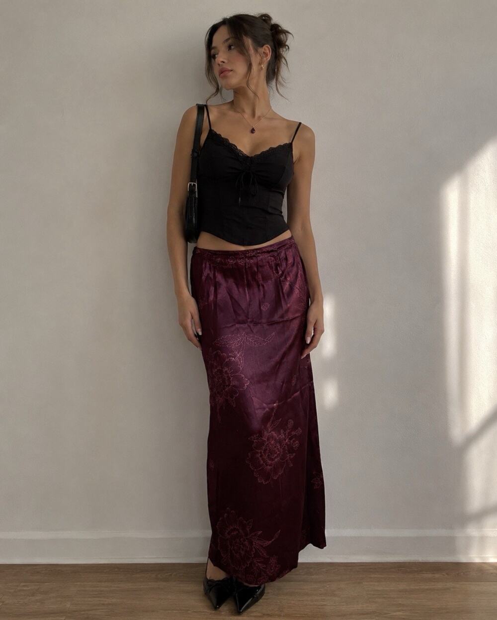 Gap 90s Vintage Satin Maxi Skirt Whimsygoth Romantic Rose Floral Burgundy Y2K